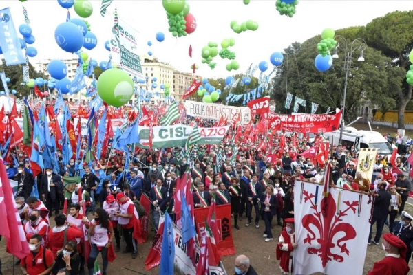 Tens of thousands of union members and other Italians gathered in Rome to stand up against rising fascism on Saturday, a week after right-wing extremists forced their way into the headquarters of Italy's most powerful labor confederation while protesting a COVID-19 certification requirement for workplaces.