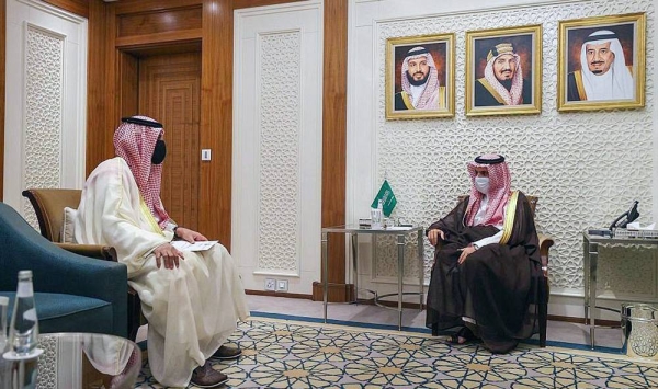 Minister of Foreign Affairs Prince Faisal Bin Farhan receives a written message from Kuwait's Crown Prince  Sheikh Mishal Al-Ahmad Al-Jaber Al-Sabah from Kuwait's Ambassador Sheikh Ali Al-Khaled Al-Jaber Al-Sabah in Riyadh Monday.