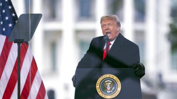 Donald Trump speaks during a rally protesting the electoral college certification of Joe Biden as President in Washington in January.