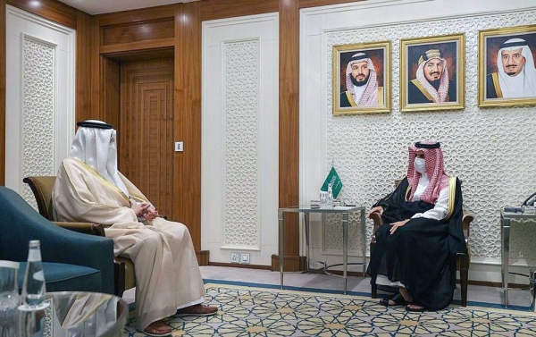 Minister of Foreign Affairs Prince Faisal Bin Farhan Bin Abdullah received the message from Bahraini Ambassador to Saudi Arabia Sheikh Hamoud Bin Abdullah Al Khalifa during a meeting in Riyadh Tuesday.