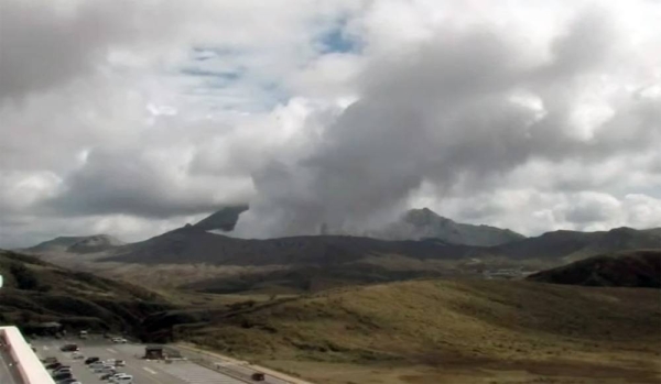 A videograb of Japanese volcano Mount Aso spewing ash several miles into the sky when it erupted on Wednesday.
