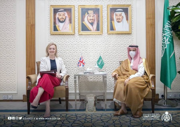 Minister of Foreign Affairs Prince Faisal Bin Farhan and UK Secretary of Foreign Affairs and Development Elizabeth Truss discussed Wednesday Saudi-British efforts to maintain peace, security and stability in the Middle East and the world.