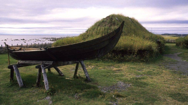 Replica Viking homes and other items at L'Anse aux Meadows, a Unesco world heritage site in Newfoundland, Canada.
