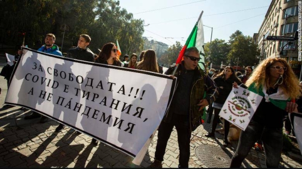 People protest against Covid-19 restrictions in Bulgaria on October 20 as cases skyrocket in the region.