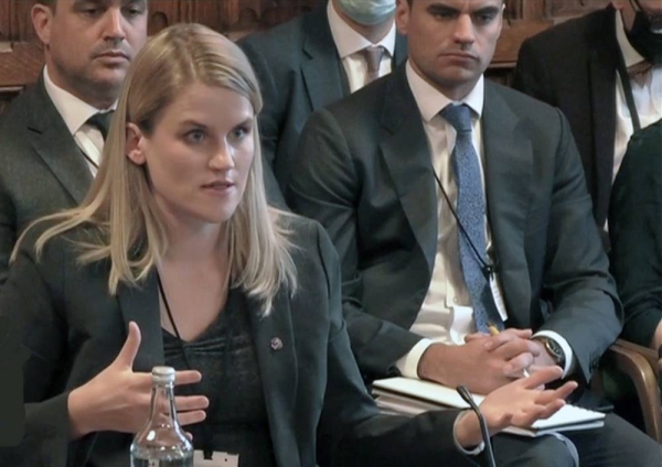 Frances Haugen, a former Facebook product manager-turned-whistleblower, at the UK Parliament hearing on Monday.