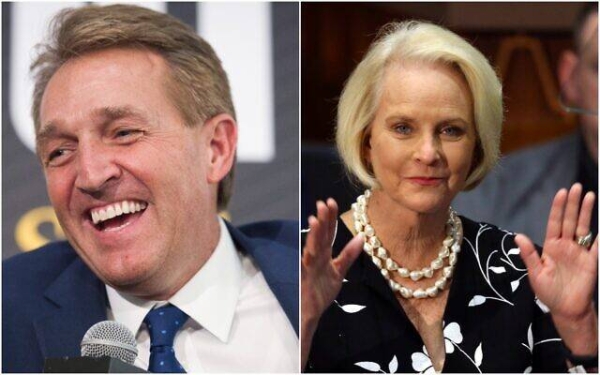  former Republican Sen. Jeff Flake (L) and Cindy McCain, the widow of the late Republican Sen. John McCain.