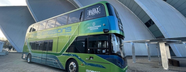 A zero emission National Express bus outside the SEC at the COP26 Climate Conference in Glasgow, Scotland.