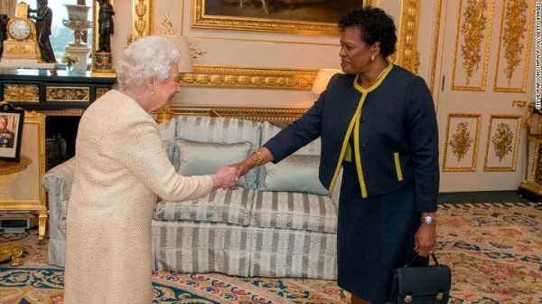 Queen Elizabeth II meets with Governor-General of Barbados Sandra Mason during a private audience at Buckingham Palace on March 28, 2018 in London.
