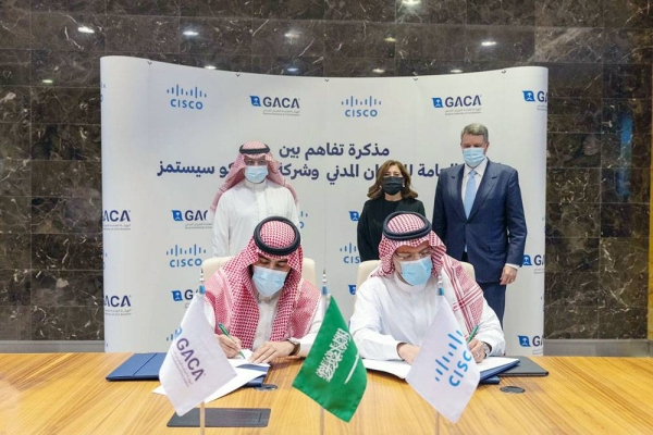 The MoU was was signed by GACA’s assistant to the president for technology and digital transformation, Eng. Abdullah Bin Fahd Al-Shaya and the CEO of Cisco in Saudi Arabia Salman Bin Abdulghani Faqih.
