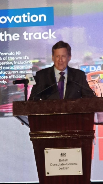 British Ambassador to Saudi Arabia Neil Crompton, Consul General Seif Usher, Saudi Motorsport Company CEO Martin Whitaker and Saudi Arabia’s first female professional racing driver Reema Juffali attend the cake cutting ceremony during the reception hosted by the British Consulate General in Jeddah on Wednesday.

