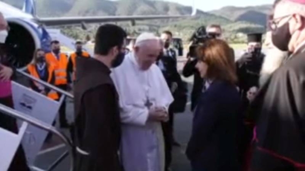 A videograb of Pope Francis arriving for a ceremony at the Karatepe refugee camp, on the northeastern Aegean island of Lesbos, Greece, Sunday.