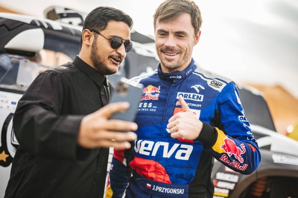 Jakub Przygonski & Timo Gottschalk racing at Hail Rally during the shakedown in Hail, Saudi Arabia on Wednesday.