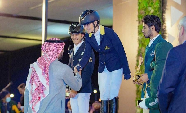 Minister of Sports and President of the Saudi Arabian Olympic Committee Prince Abdulaziz Bin Turki Al-Faisal on Saturday crowned Australian rider Edwina Alexander with the first place trophy in the Grand 