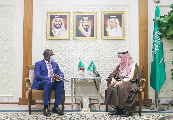 Minister of Foreign Affairs Prince Faisal Bin Farhan Bin Abdullah received the message conveyed to King Salman by the Minister of Foreign Affairs and International Cooperation of the Republic of Zambia Stanley Kakubo during a meeting held here Monday.