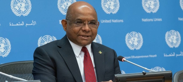 Abdulla Shahid, President of the 76th session of the UN General Assembly, briefs the media at UN Headquarters in New York.