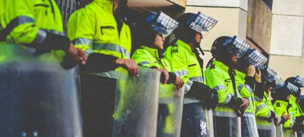 Riot police during anti-government protests in Bogotá, Colombia.