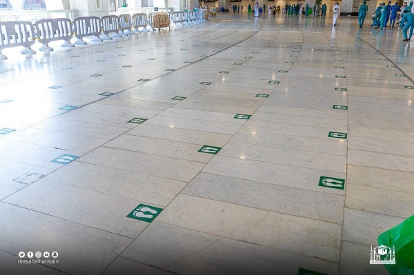 The General Presidency for the Affairs of the Two Holy Mosques on Thursday has redistributed the social distancing stickers in the Grand Mosque in Makkah.