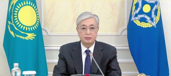 President Kassym-Jomart Tokayev addresses the nation on TV from Nur-Sultan, Kazakhstan in this videograb.