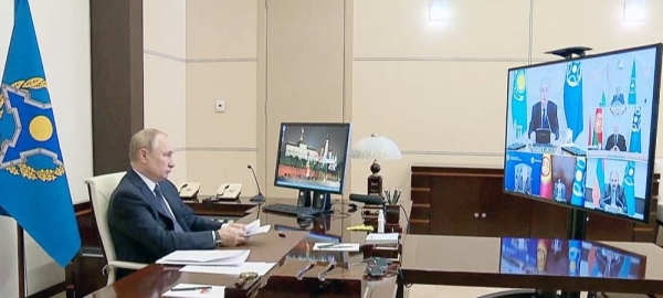 President Kassym-Jomart Tokayev addresses the nation on TV from Nur-Sultan, Kazakhstan in this videograb.