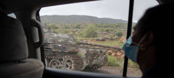 An armored vehicle is left abandoned on a road in Tigray, Ethiopia, on July 20, 2021.