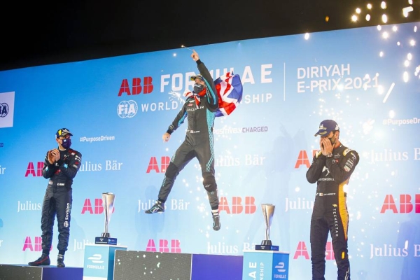 The drivers pose with their cars on the grid for the official pre-season group photo during the Diriyah ePrix I at Riyadh Street Circuit on Thursday Feb. 25, 2021 in Riyadh, Saudi Arabia. (Photo by Sam Bloxham / LAT Images)