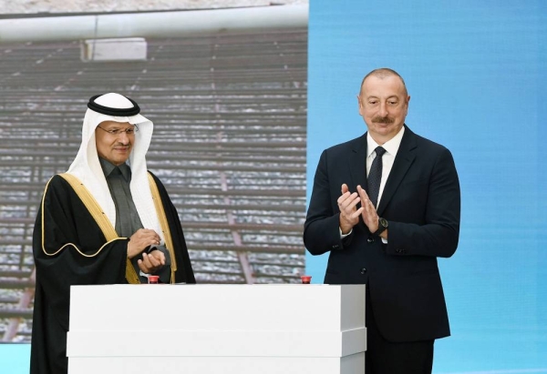 Azerbaijan President Ilham Aliyev and Minister of Energy  Prince Abdulaziz Bin Salman at the groundbreaking ceremony for the 240 MW wind power plant.