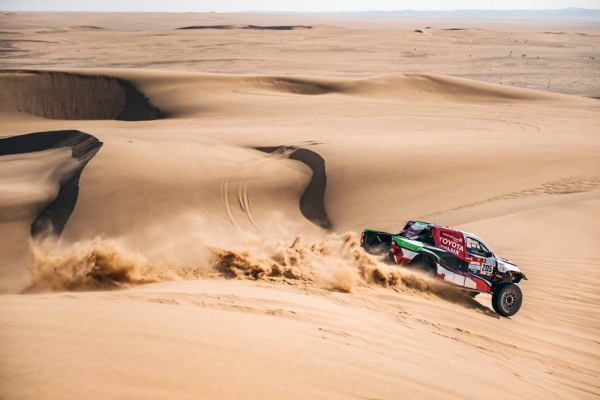 Nasser Al-Attiyah (QAT) for Toyota Gazoo Racing at the finish line of stage 12 of Rally Dakar 2022 from Bisha to Jeddah, Saudi Arabia on Friday.