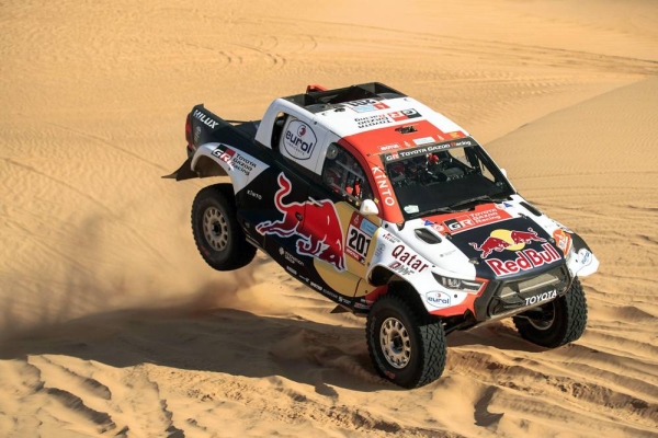 Nasser Al-Attiyah (QAT) for Toyota Gazoo Racing at the finish line of stage 12 of Rally Dakar 2022 from Bisha to Jeddah, Saudi Arabia on Friday.