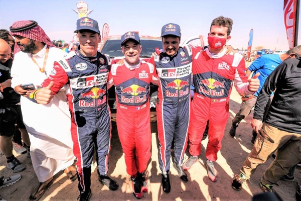 Nasser Al-Attiyah (QAT) for Toyota Gazoo Racing at the finish line of stage 12 of Rally Dakar 2022 from Bisha to Jeddah, Saudi Arabia on Friday.