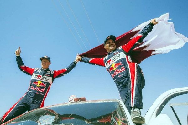 Nasser Al-Attiyah (QAT) for Toyota Gazoo Racing at the finish line of stage 12 of Rally Dakar 2022 from Bisha to Jeddah, Saudi Arabia on Friday.