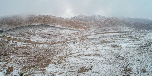 Jabal Al-Lawz is still witnessing snowfall with rain, which marks a climate phenomenon that beautifies the northern region of Tabuk at this time of every year.