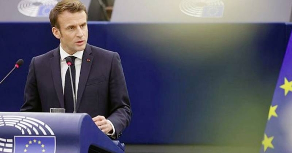  France's President Emmanuel Macron delivers a speech at the European Parliament, in Strasbourg.
