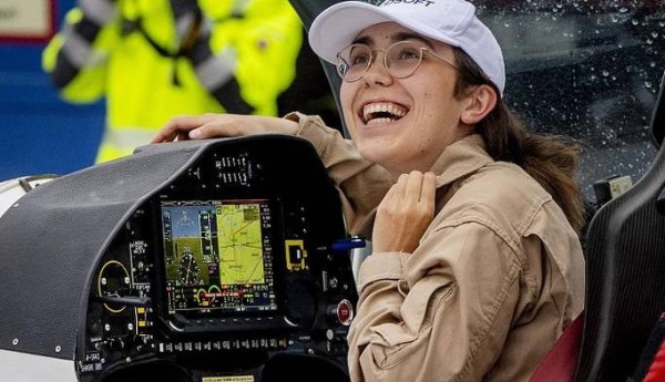 Belgium-British teenage pilot Zara Rutherford smiles after she landed with her Shark ultralight plane at the Egelsbach airport in Frankfurt, Germany.