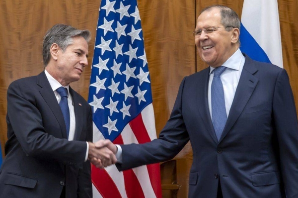 US Secretary of State Antony Blinken and Russian Foreign Minister Sergei Lavrov shake hands during bilateral talks on soaring tensions over Ukraine in Geneva.