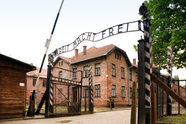 The infamous gate at Auschwitz, reading Arbeit Macht Frei (Work sets you free).