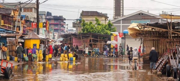 A road flooded with rainwater in Antananarivo, Madagascar.