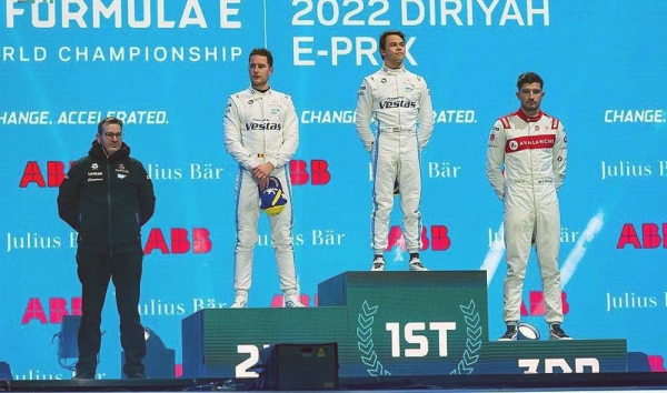 Dutch driver Nyck de Vries.drove his German Mercedes-Benz Q-Team's car to the first place in the first round of ABB FIA Formula E World Championship in Riyadh.