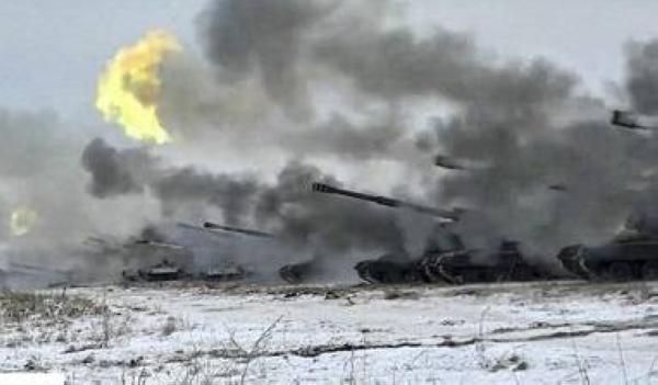 Russian army's self-propelled howitzers fire during military drills near Orenburg in the Urals, Russia, on Dec. 16, 2021.