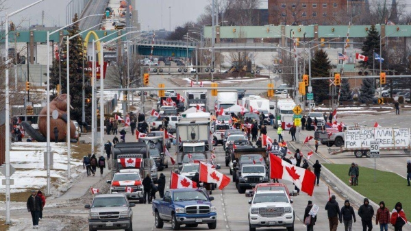 Protesters at the closed bridge, a key US-Canada border crossing.