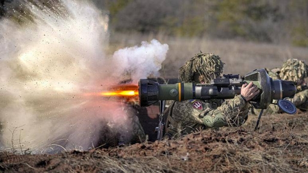 A Ukrainian serviceman fires an NLAW anti-tank weapon during an exercise in the Joint Forces Operation, in the Donetsk region, eastern Ukraine.