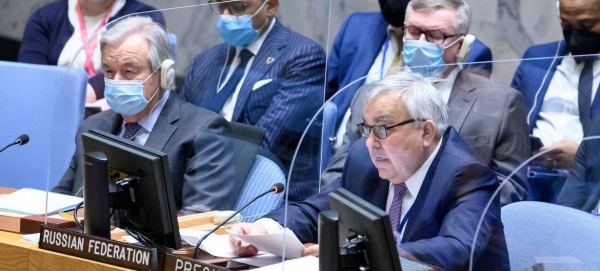 Russian Deputy Minister for Foreign Sergey Vershinin (right) and Secretary-General António Guterres (left) both addressed the Security Council meeting on cooperation between the UN and the Collective Security Treaty Organization (CTSO).