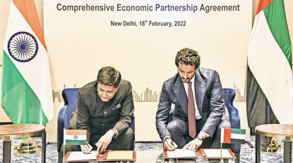 Indian Commerce Minister Piyush Goyal with UAE Economy Minister Abdulla Bin Touq Al Marri, in New Delhi, Friday. — courtesy photo