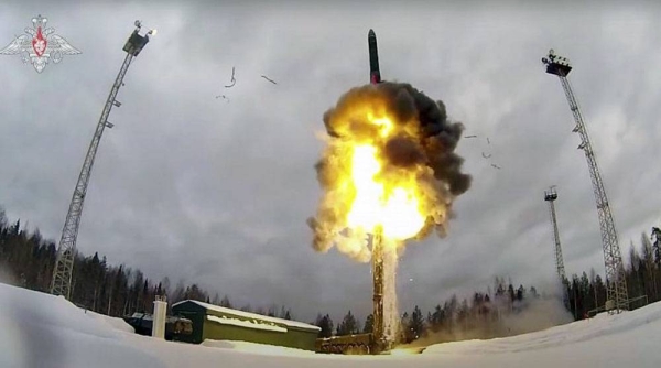 This photo taken from video provided by the Russian Defense Ministry on Saturday shows an intercontinental ballistic missile being launched during drills.
