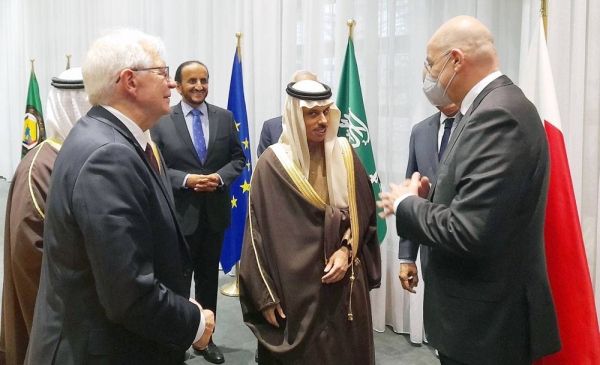 Greece Foreign Minister Nikos Dendias, EU High Representative for Foreign Affairs Josep Borrell and Saudi Foreign Minister Prince Faisal Bin Farhan, who is chairman of the current session of the ministerial council of the GCC, meet ahead of the EU-GCC Joint Council ministerial meeting in Brussels.