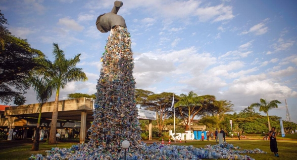 A 30-foot high monument entitled 'Turn off the plastics tap' by Canadian activist and artist Benjamin von Wong stands outside the venue for the UN Environment Assembly.