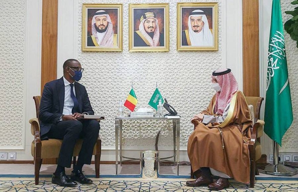 Foreign Minister Prince Faisal Bin Farhan Bin Abdullah during his meeting Wednesday with the Malian Minister of Foreign Affairs and Financial Cooperation Abdoulaye Job.