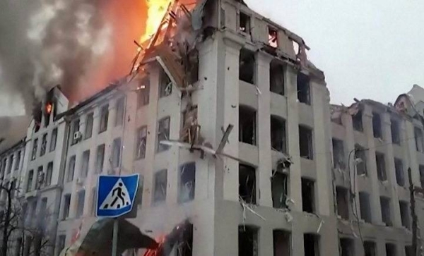 Kharkiv University's roof crumbles after a missile hit.