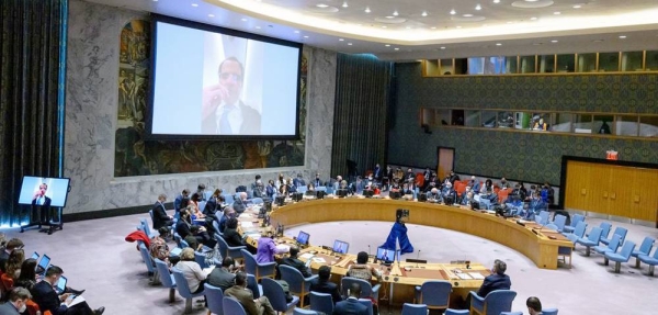 Rafael Mariano Grossi (on screen), director general of the International Atomic Energy Agency, briefs members of the UN Security Council the situation in Ukraine. — courtesy UN Photo/Loey Felipe