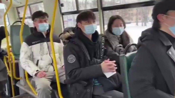 Foreign students in a bus in Sumy waiting to be evacuated.