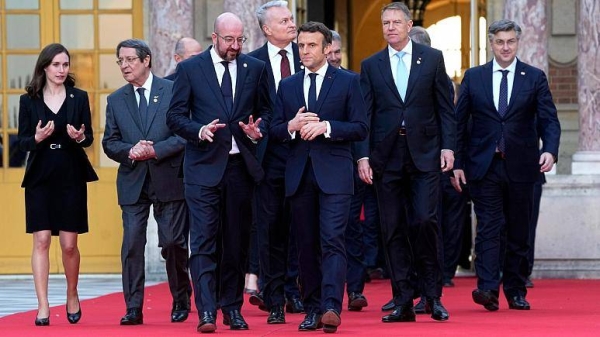 EU leaders meet at the Palace of Versailles for an informal summit centered on the Ukraine war.
